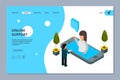 Online support landing page. Vector isometric mobile help service app