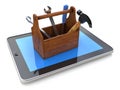 Online support. Toolbox with tools on tablet pc. 3d