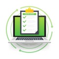 Online survey, checklist, questionnaire icon. Laptop, Computer screen. Feedback business concept. Vector illustration.