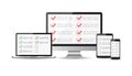 Online survey, checklist set. Tablet, computer, mobile blank screen. Feedback business concept. Flat vector illustration for web