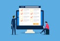 Online survey concept design for web or app. Businessmen fill online form computer flat vector