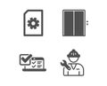 Online survey, File management and Lift icons. Repairman sign. Quiz test, Doc with cogwheel, Elevator. Vector