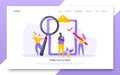 Online survey form business concept with tiny people with megaphone, pencil nearby giant clipboard