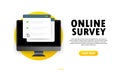 Online survey illustration. Check list online form on computer. Report on website or web internet survey, exam checklist. Browser