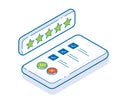Online survey isometric vector concept. Putting check mark on checklist on smartphone. Survey from filling. Business