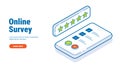 Online survey isometric vector concept. Putting check mark on checklist on smartphone. Survey from filling. Business
