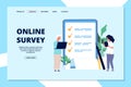 Online survey landing page. Choice list, quality questionnaire. People answering question, business internet marketing