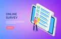 Online survey landing page template with man makes marks in list. Customer service feedback on phone