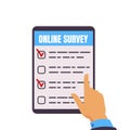 Online survey. Tablet computer with test form. Cartoon hand selecting and ticking right answers on device screen