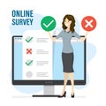 Online survey technology. List of questions on monitor screen. Female customer holds checkmark and cross signs. Remote vote Royalty Free Stock Photo
