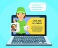 Online sushi delivery service. Young courier girl holding sushi in her hand. Online application. Online service