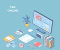 Online tax, bills, invoices paying, accounting. Payment Application Interface on the monitor screen, credit card, documents