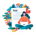 Online tax payment concept, people filling application form tax form. Flat vector illustration. cartoon character graphic design Royalty Free Stock Photo