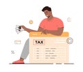 Online tax payment. Government taxation concept. Data analysis, paperwork, financial research, report. Man pay tax bills