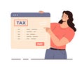 Online tax payment. Government taxation concept. Data analysis, paperwork, financial research, report. Woman pay tax bill online