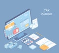 Online tax payment, mobile app. Tax form in envelope, account on the monitor screen Document form Credit card Calculator Wallet St