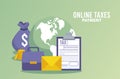 online taxes payment with money and documents in earth planet Royalty Free Stock Photo