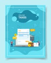 online taxes people standing around laptop bill tax on screen display calculator wallet calendar for template of banners, flyer,