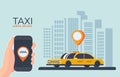 Online Taxi car service. Online cab booking. Service for transportation passengers. Mobile phone in hand.