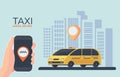 Online taxi car service. Online cab booking. Service for transportation passengers. Mobile phone in hand. Minivan.