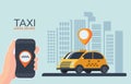 Online Taxi car service. Online cab booking. Service for transportation passengers. Mobile phone in hand.