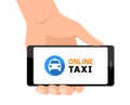 Online taxi concept with car icon. Mobile app service. Hand holding smartphone