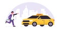 Online taxi ordering service. A driver in a yellow taxi, a passenger, transportation of people. Running businessman with