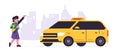 Online taxi ordering service. Yellow taxi driver and passenger. Girl with a dog, city, cab. Vector illustration isolated Royalty Free Stock Photo