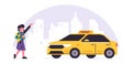 Online taxi ordering service. Yellow taxi driver and passenger. Girl with a dog, city, cab. Vector illustration isolated Royalty Free Stock Photo