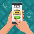 Online Taxi-service concept. Woman orders a taxi from his cell phone. Taxi service application on screen. Vector