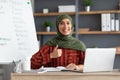Islamic teacher in headscarf sitting at desk showing thumbs up