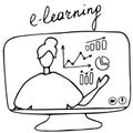Online teacher explains the charts on monitor. Vector illustration for online education, learning, e-learning concept