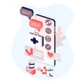 Online tele medicine flat illustration concept. Online medical consultation and treatment via application of smartphone connected