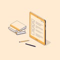 Online test or exam isometric concept - list with checkboxes and checkmarks on screen of digital tablet.