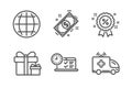 Online test, Globe and Surprise package icons set. Discount, Payment and Ambulance car signs. Vector