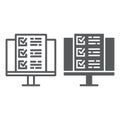 Online test line and glyph icon, education and school, montior with checklist sign vector graphics, a linear icon on a