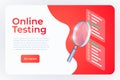 Online testing illustration, webpage landing template. e learning banner template with isometric test form and magnifier