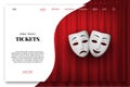Online theatre tickets vector landing page template. Comedy and Tragedy theatrical mask isolated on a red curtain
