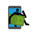 Online theft of money. Thief steals cash from gadget. Internet stealing dollars. Burglar and smartphone