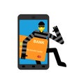 Online theft of money. Thief steals money from gadget. Internet stealing Bank card. Burglar and smartphone