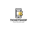 Online ticket shop logo template. Mobile phone and tickets vector design