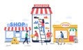 Online to offline commerce, vector flat illustration