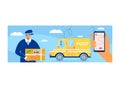 Online tracking postal parcel, postman character express delivery, mailman carry important package flat vector Royalty Free Stock Photo