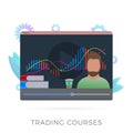 Online Trading Courses flat vector icon concept. Cryptocurrency, forex or stock market trade academy with video webinar lessons