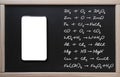 . Online training, chemistry. Tablet on the background of a class board with written chemistry formulas