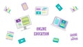 Banner with vector elements of gadgets for online training and courses, digital classroom, webinar. Computer monitor Royalty Free Stock Photo