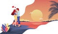 Happy Valentines Day illustration. Romantic honeymoon of loving couple at night under the stars and moon on the beach. Vector Royalty Free Stock Photo