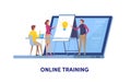 Online training, Education center, Online course, Training, Coaching, Seminar. Cartoon miniature illustration vector graphic Royalty Free Stock Photo