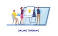 Online training, Education center, Online course, Training, Coaching, Seminar. Cartoon miniature illustration vector graphic Royalty Free Stock Photo