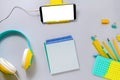 Online training during the epidemic. The concept of back to school in a new format. Yellow and blue stationery